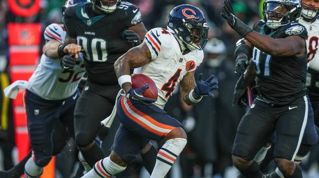 D'Andre Swift, en el juego entre Chicago Bears y Philadelphia Eagles, el 28 de noviembre, 2025. Imagen: AP Photo-Matt Rourke